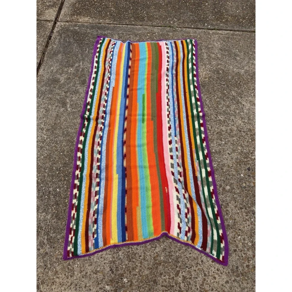Vintage Knit Multicolored Throw Blanket Rectangle Handmade